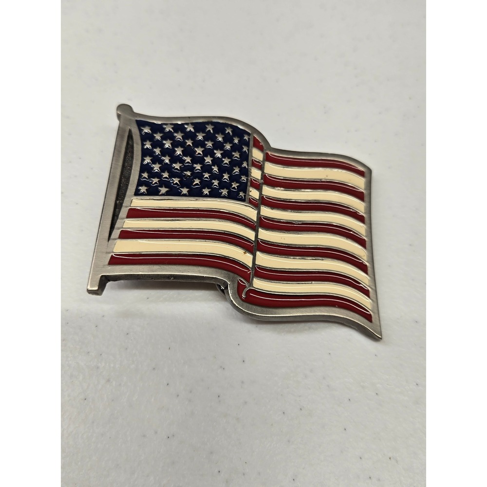 Vtg American Flag Belt Buckle Wavy Rippled USA Patriotic Gunmetal Red White Blue